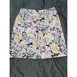 Lands' End Floral Box Pleat Skirt Size 16 White Multicolor 100% Cotton